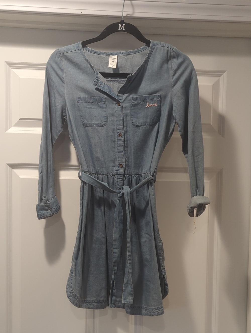 Carter's Light Blue Denim Button-Front Dress with Tie Waist